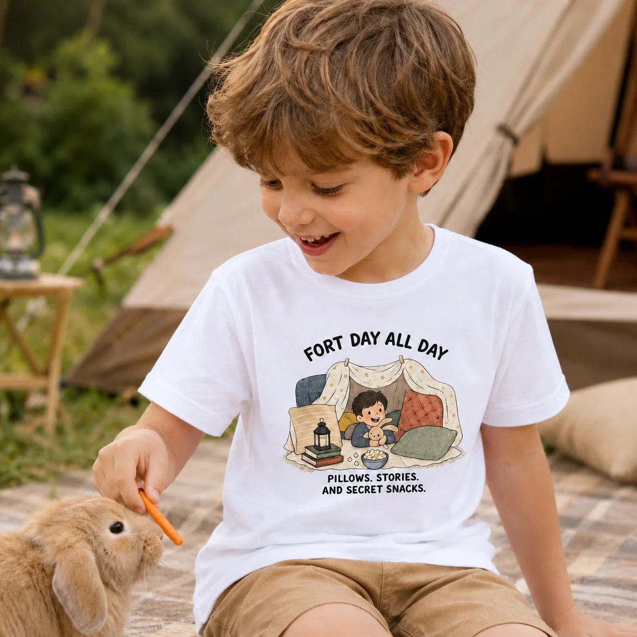 Kids Fort Day All Day Graphic T-Shirt Boys Cartoon Pillow Story Secret Snacks Print Tee Soft Cotton Short Sleeve Summer Casual C