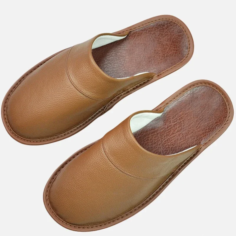 

Cow Leather Slippers Unisex Big Sizes Linen Home Male Indoor House for Men's Slippers Women Man Slipper Luxury Soft Flat Shoes