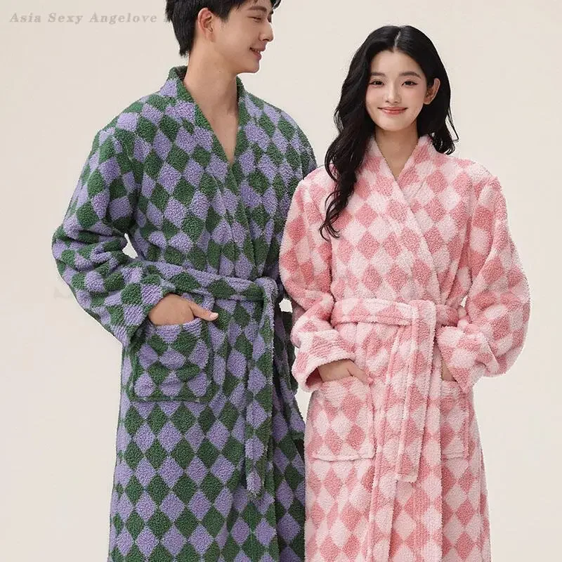 

Утепленная теплая одежда для сна для пар, новый зимний длинный халат-кимоно, коралловый флис, клетчатый халат, домашнее платье, повседневная фланелевая одежда для отдыха