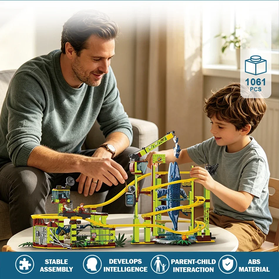 1061PCS Dinosaur Roller Coaster Building Blocks Kit Mosasaurus Theme Park Model with Track Creative DIY Bricks Assembly Gift