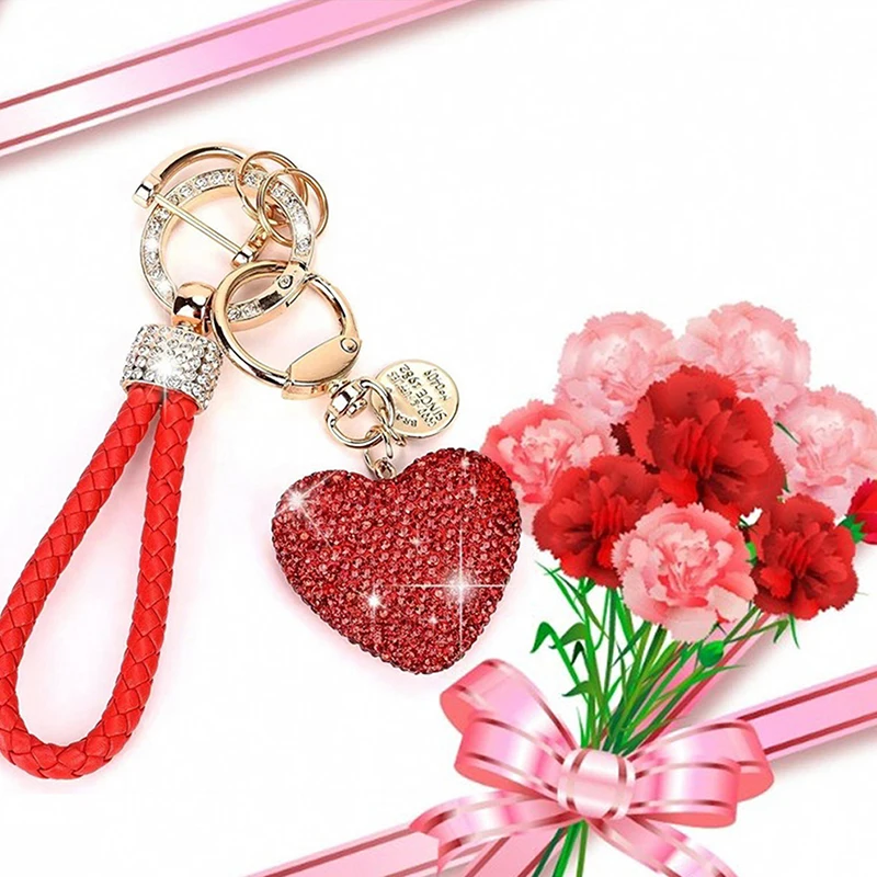 New Ceramic Clay Full Diamond Love Key Chain Leather Rope Creative Water Diamond Car Keychain Female Bag Pendant