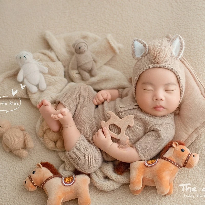 Newborn Photography Props Cute 2026 Horse Theme Set Handmade Kintted Outfit with Bear Doll Decors for Studio Photoshoot Clothing