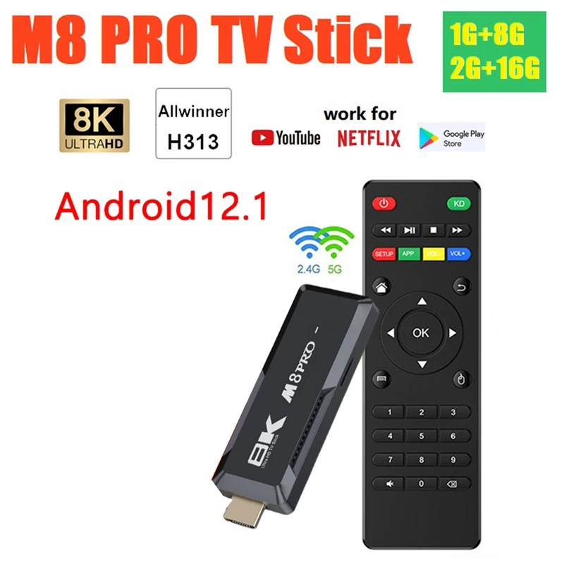 M8 PRO TV Stick 2GB 16GB Android 12.1 Smart TV Box Aiiwinner H313 2.4G + 5G ثنائي النطاق WIFI Android مشغل الوسائط سهل الاستخدام