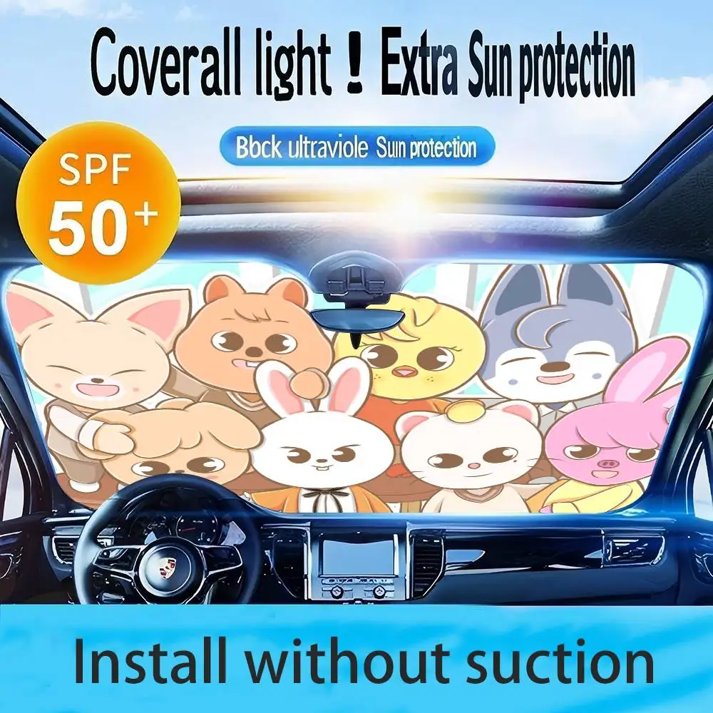 Hot Kpop Stray Kids Skzoo Cartoon Window FoilsHeated Windshield Sunshade Car Front Window Visor Car Solar Protect Tools