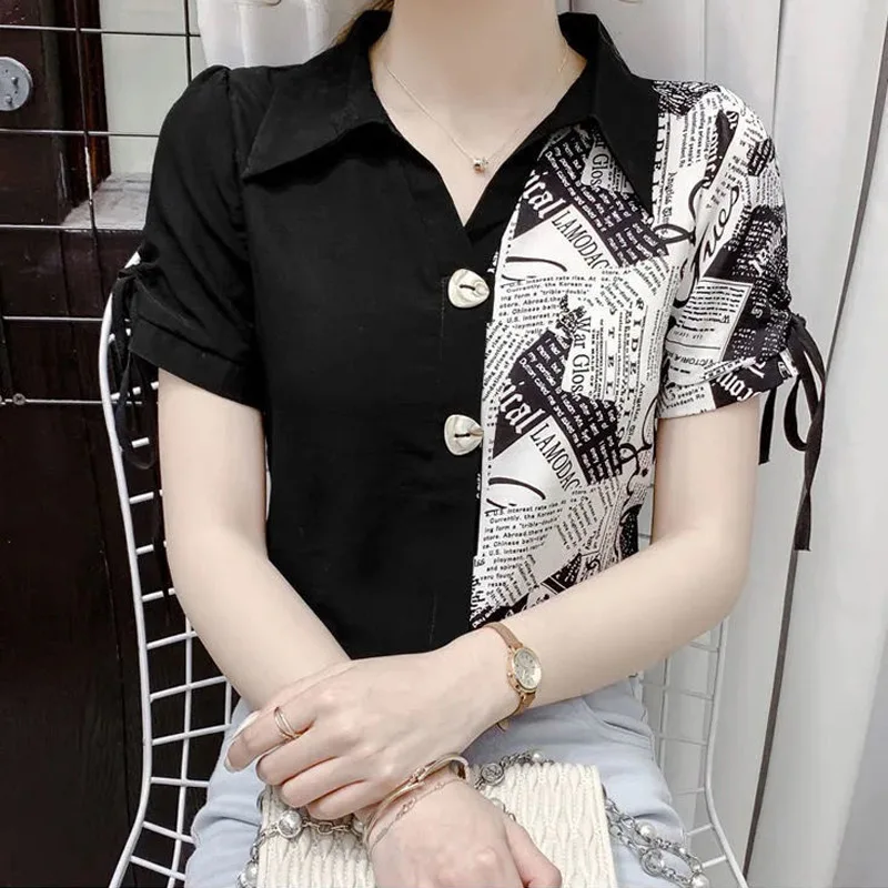 Patchwork Contrast Blouse Summer New Short Sleeve Asymmetrical Printing Slim Elegant Shirt Tops Fashion Casual Women Clothing