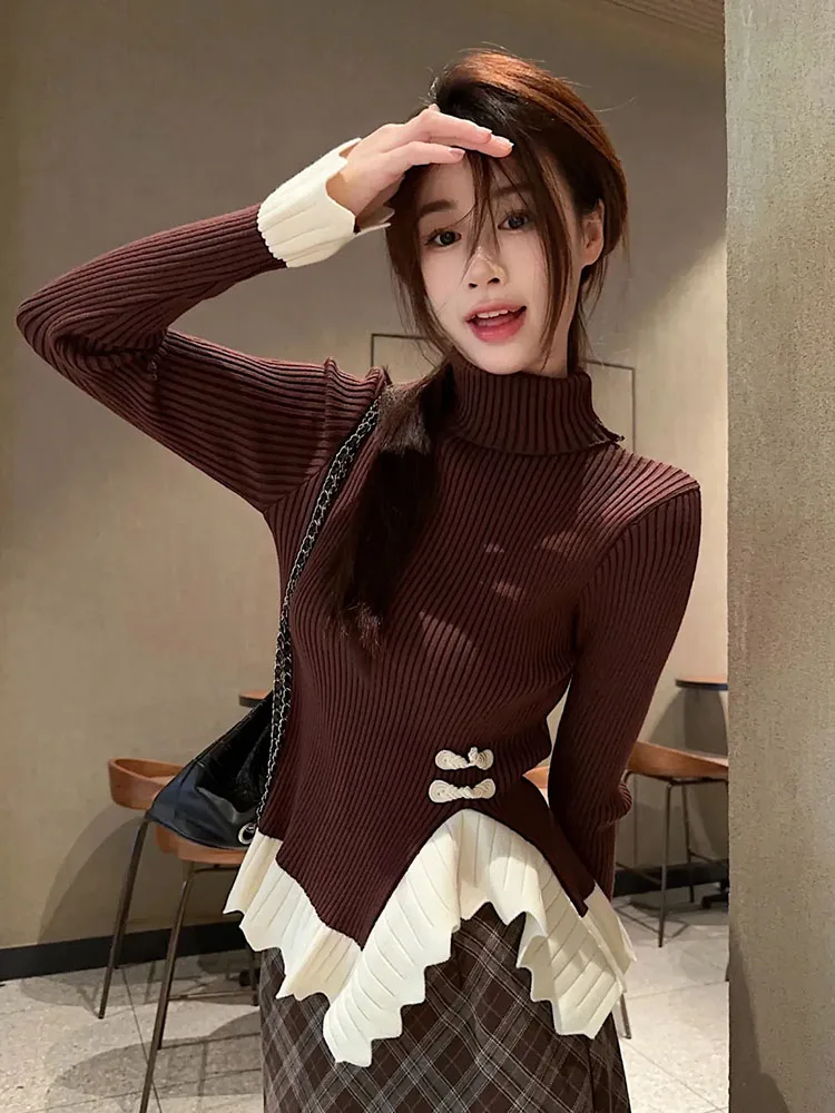 Jmprs Chic Ruffles Patchwork Sweaters Women Sweet Design Slim Korean Knitted Pullover Fall Fashion Irregular Turtleneck Jumper