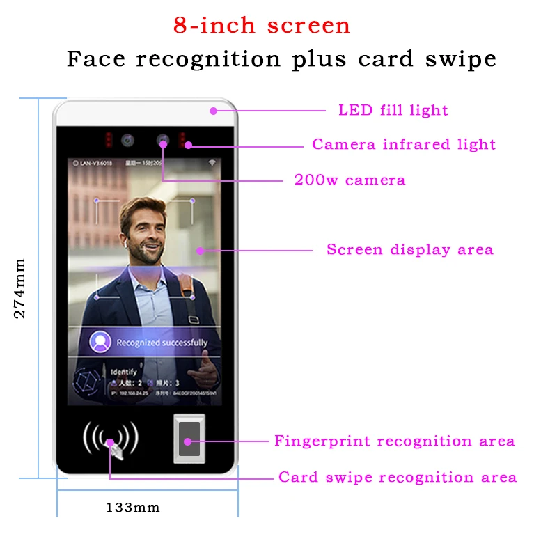 8-Inch Android Face Recognition Fingerprint Terminal NFC Card WiFi Support Time Attendance Access Control System OEM ODM