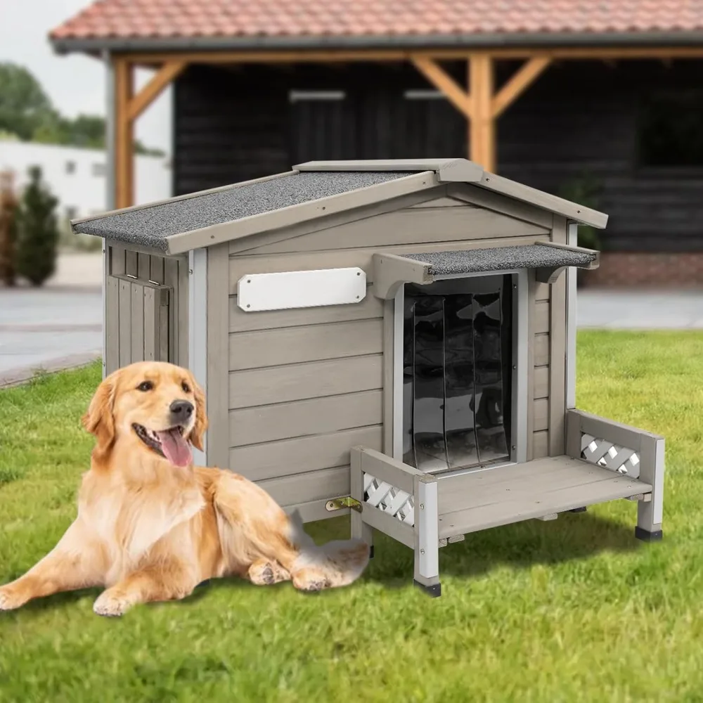 

Wooden Dog House OutdoorDog Kennel Outside Weatherproof Chew-Proof Iron Frame, Removable Floor, and Adjustable Window for Small