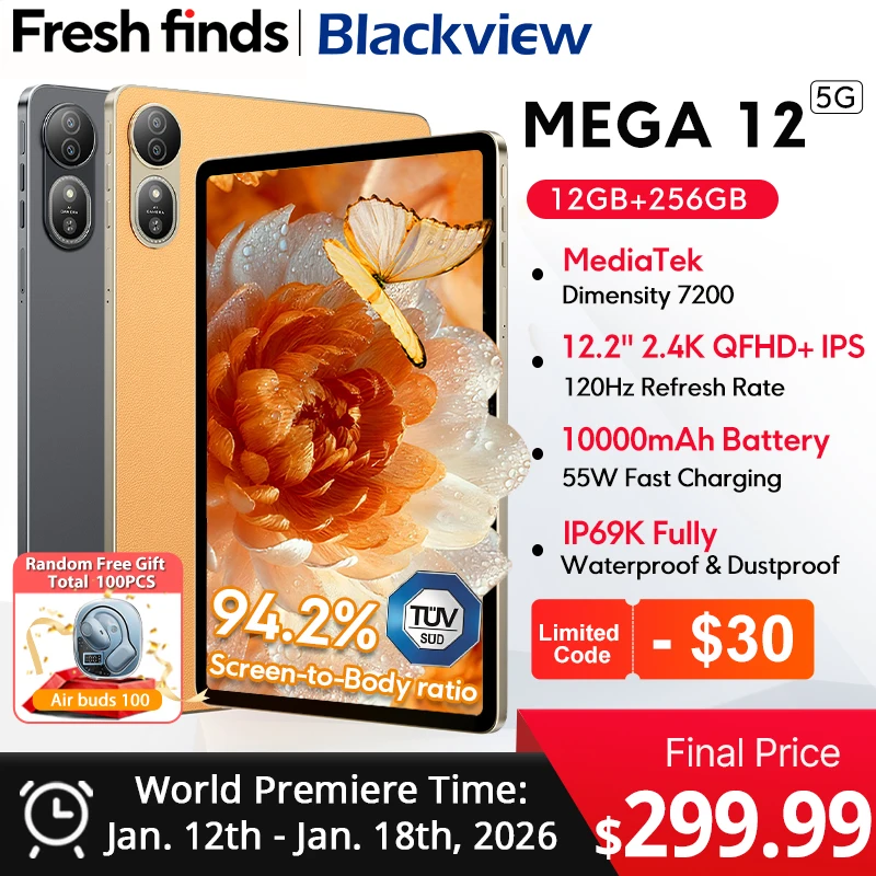 【World premiere】Blackview MEGA 12 Tablet 5G 12.2" 2.4K 120Hz Display Dimensity 7200 CPU IP69K Waterproof 50MP 10000mAh Pad PC