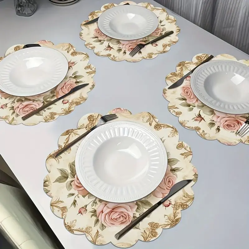 VIKAMA Shabby Chic Pink Rose Placemat Cream Base Gold Scrollwork Border Scalloped Edge Romantic Floral Dining Table Mat Vintage