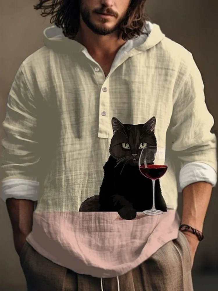 

Богемная рубашка с капюшоном с принтом черного кота и вина, винтажная рубашка с длинными рукавами и воротником на пуговицах, дизайн для отдыха, топы