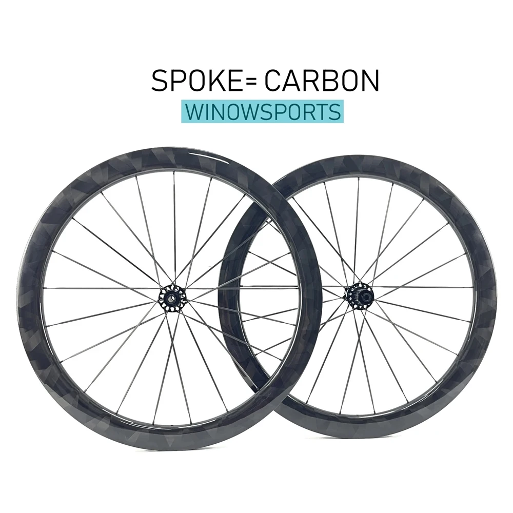 Winowsports Carbon Wheels Disc Brake 700c Road Bike Wheelset Clincher and Tubeless Carbon Spoke Butterfly Weave Glossy Wheels