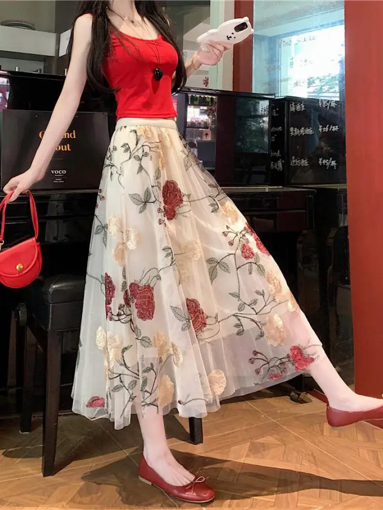 

Vintage Women Black Beige Mesh Flower Embroidery High Waist Pleated Long Skirt Summer Elegant Holiday Skirt 2025 Streetwear Chic