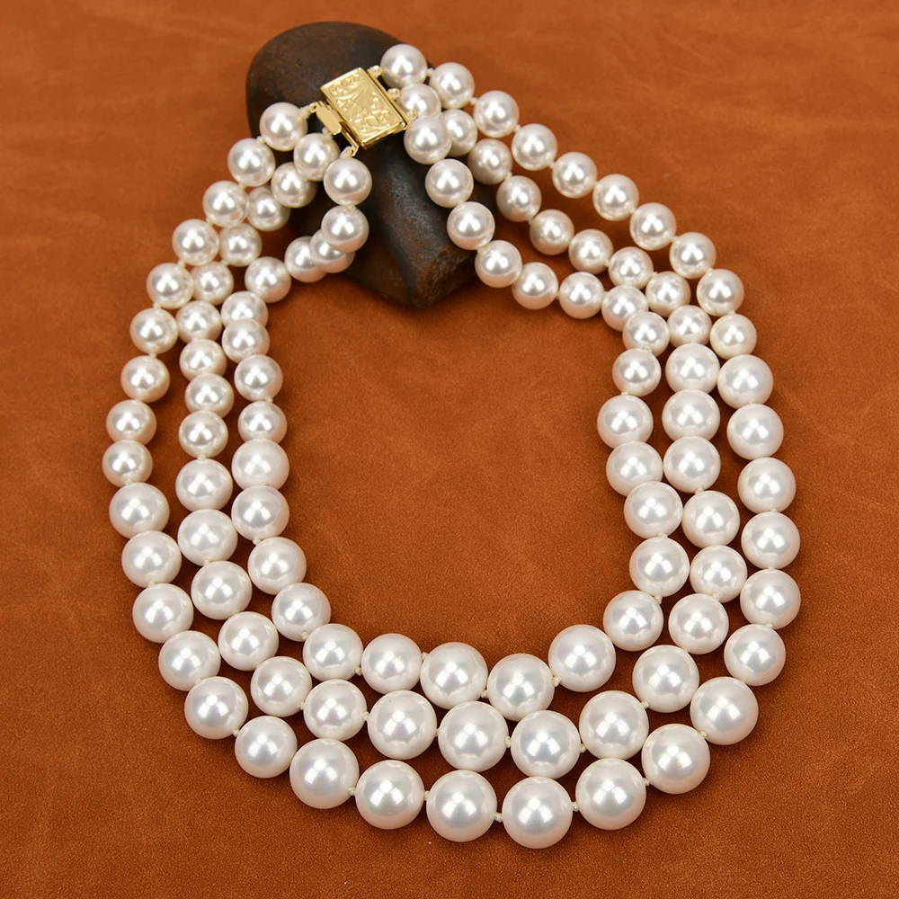 G-G 18 \'\'3 righe classico bianco naturale conchiglia di mare perla rotonda collana graduata multistrato gioielli elegante collana da donna