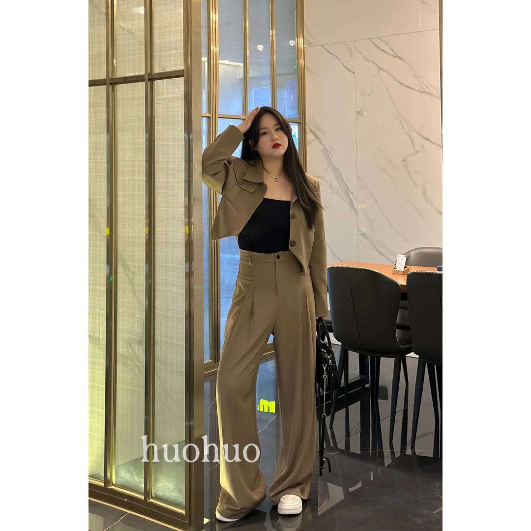 Women's Autumn Vintage Casual Short Irregular Hem Coat Pants Two Piece Set Solid Loose Patch Pocket Suit Long Pant   