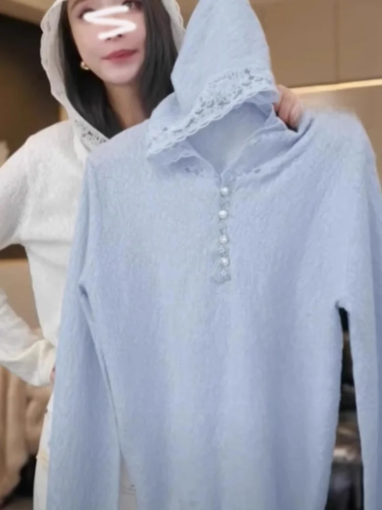 Top lavorato a maglia con design a giunture in pizzo con cappuccio Dimagrante Versatile Faion Long Sve Capispalla coreano Sle Loose Fit Regular Sve