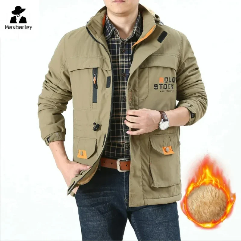 Heren Warm Winddicht Jack 2024 Winter Nieuwe Fleece Verdikte Waterdichte Sneeuw Capuchon Heren Casual Plus-Size Camping Parka