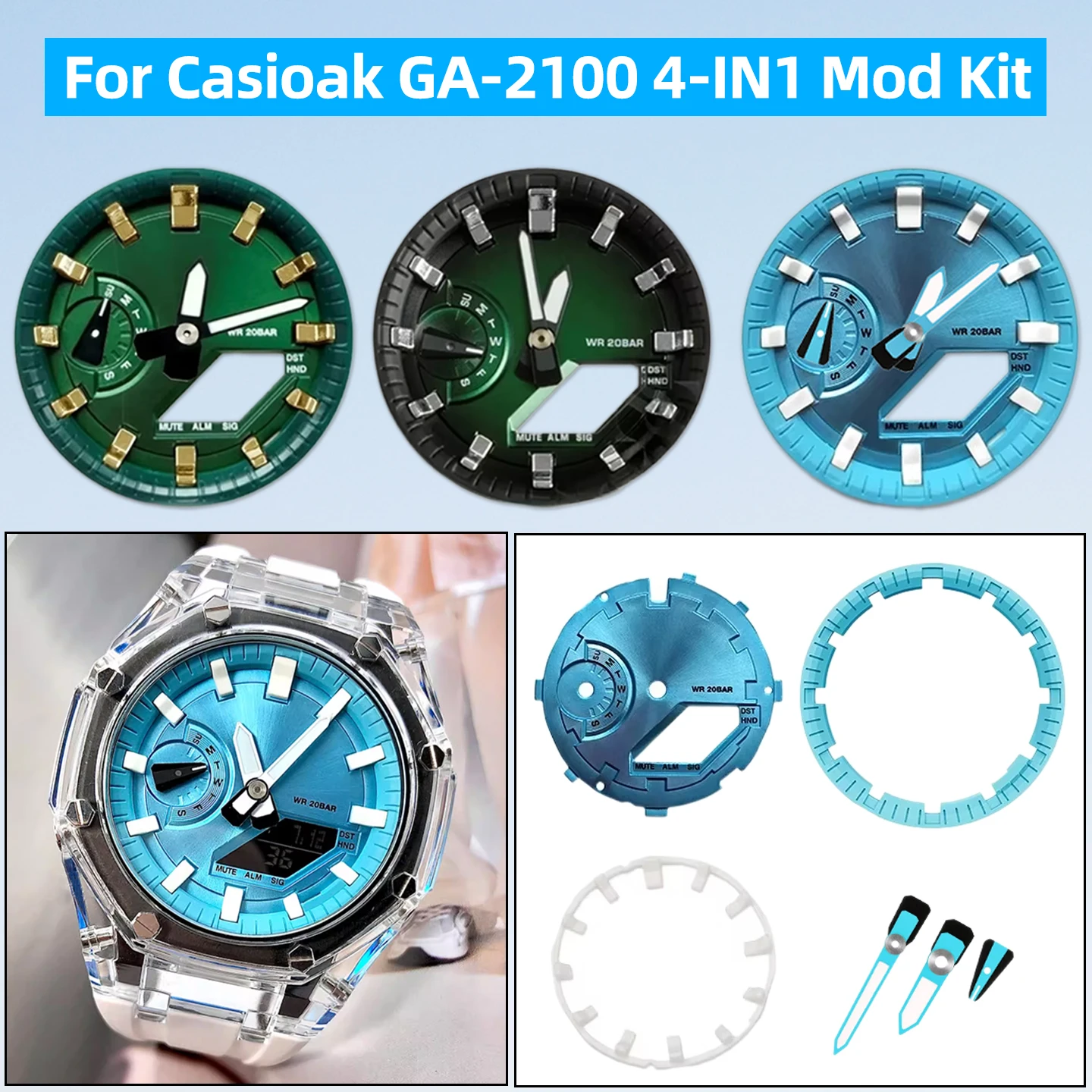 Complete Luminous Mod Kit Casio G-shock GA2100 GA2110 GA-B2100 watch,DIY Metal Dial Index Ring Set with Bezel & Hour Marker