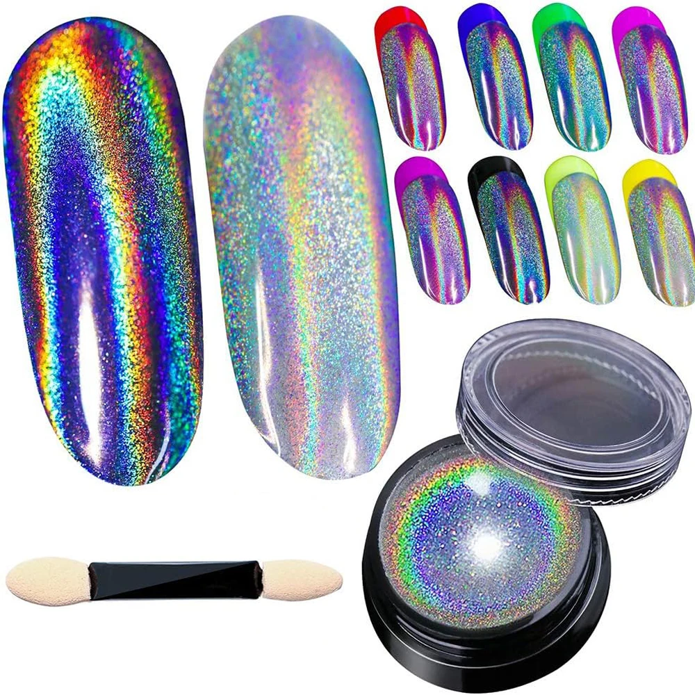 1Jar Holographic Mirror Nail Glitter Powder Extra Fine Laser Effect Chrome Nail Powder Shiny Aurora Mirror Pigment Dust For Nail