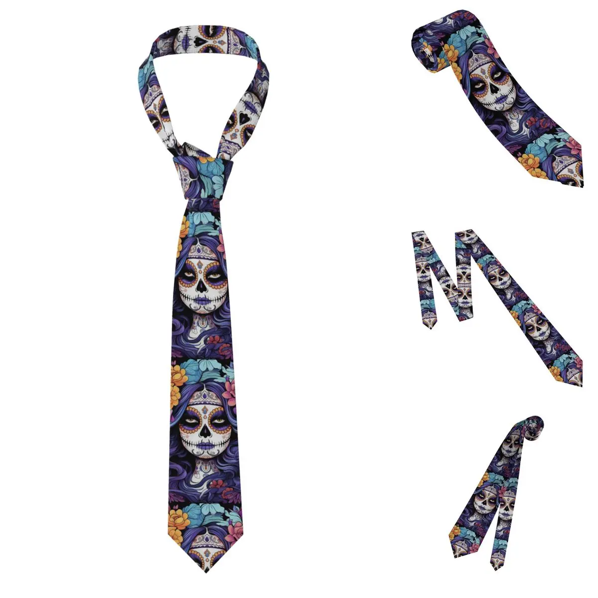 Mexican Catrina Girl Day Of The Dead Sugar Skull Necktie for Men Silk Polyester Slim Neck Ties Party Accessories Tie