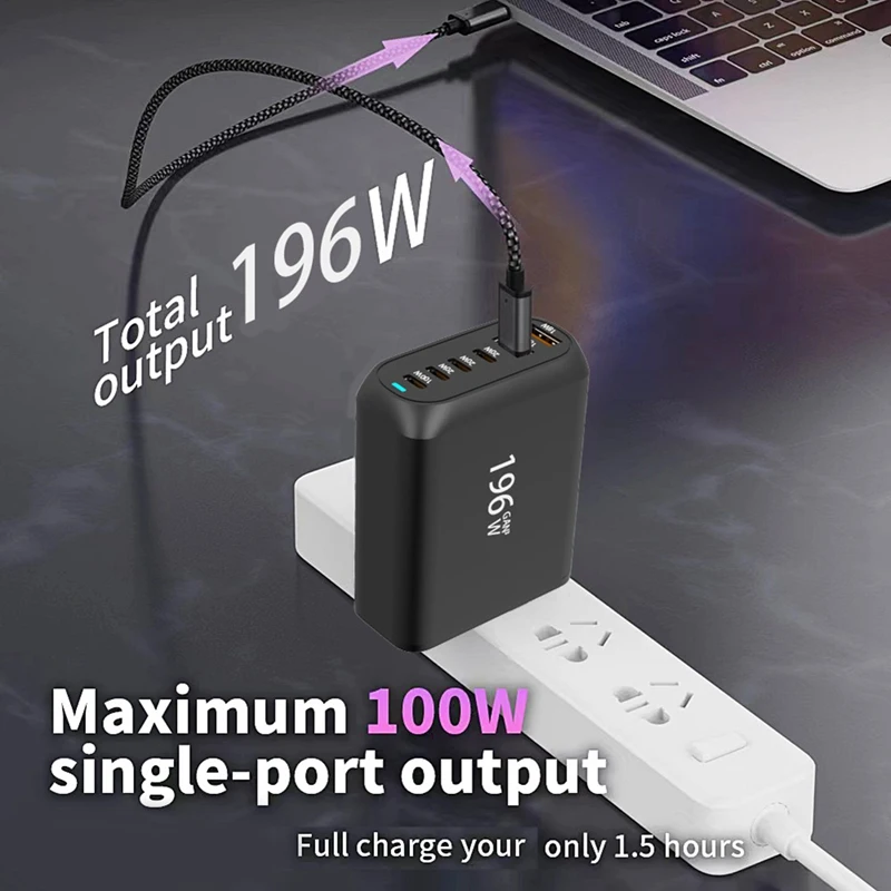 196W USB C Gan Charger PD 100W Fast Charging Power Adapter 6 Ports For  Ipad Pro Iphone Galaxy Huawei