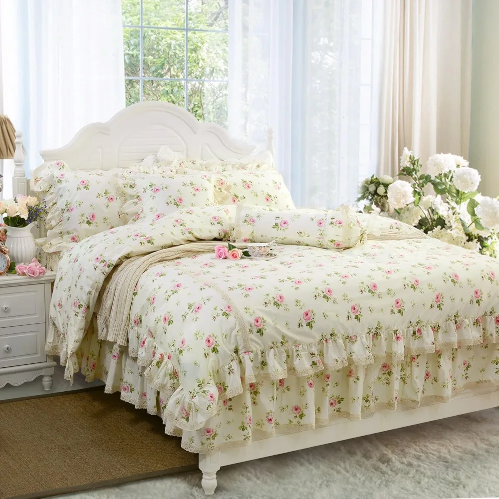 

Bedding Set for Girls 3 Pieces, Rosette Floral Print Duvet Cover Set Princess Lace Ruffle, Soft and Comfortable, Bedspread