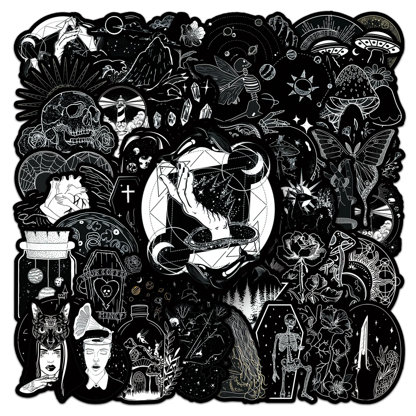 

Black White Doodle Stickers, Monochrome Vinyl Decals for Skateboard, Helmet, Phone Case, Tablet, DIY Crafts (10/20/30/50 Sheets