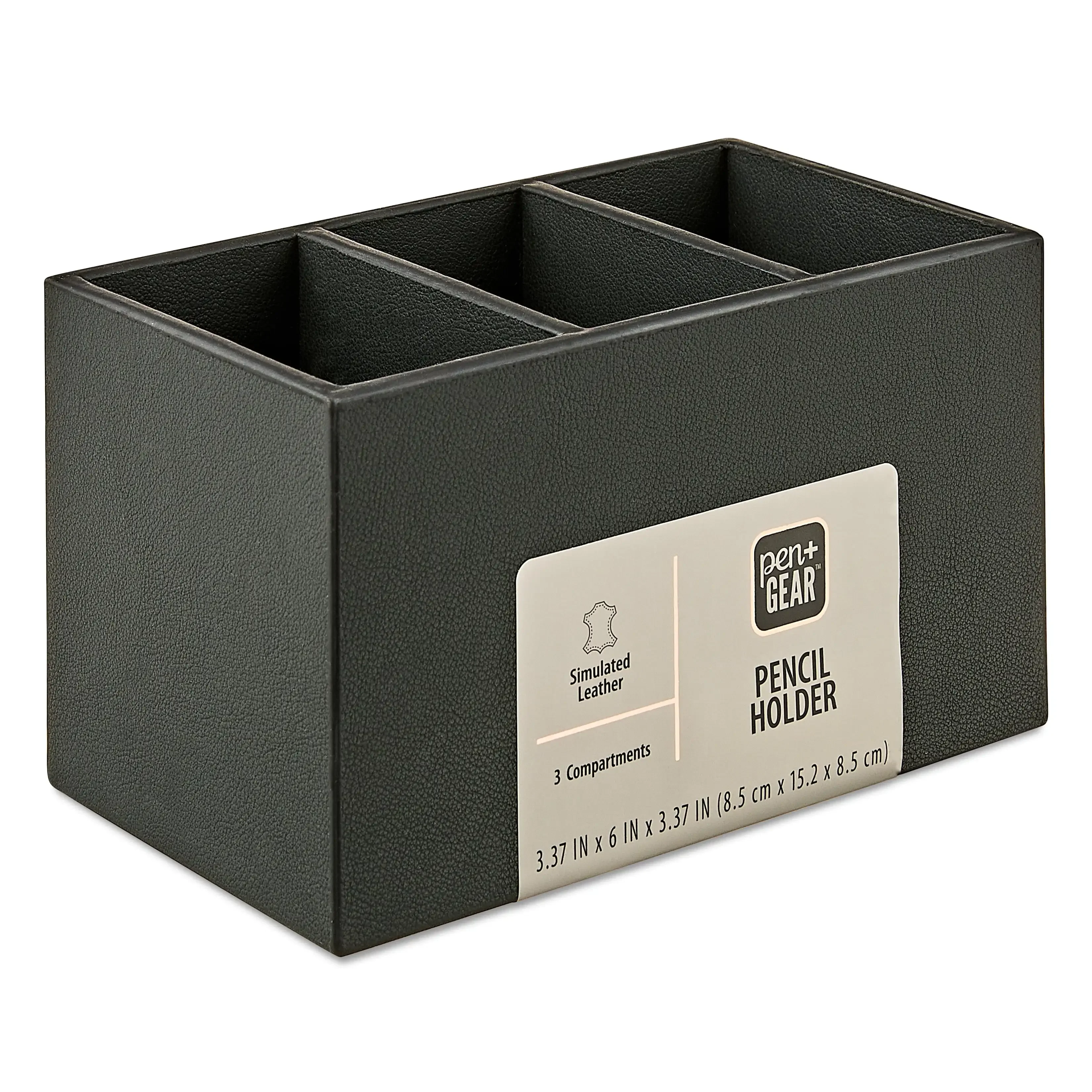 Copo de lápis de couro simulado Pen+Gear, 3 compartimentos, preto rico