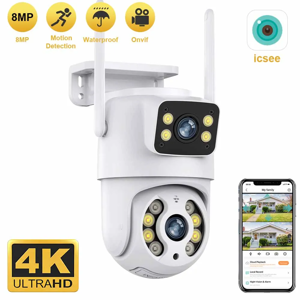 

8MP 4k Dual Lens WiFi IP Camera Outdoor Wireless Home Security CCTV Video Surveillance Human Detect Dual Screen Icsee Tris home