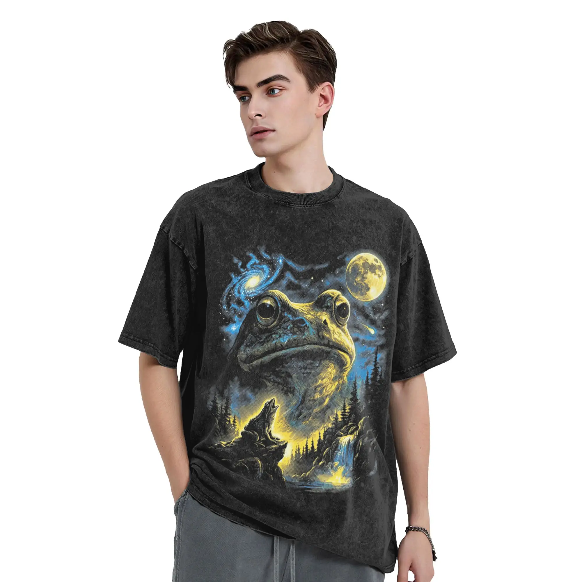 Retro Frog Howling Moon T-Shirts Men  Casual Pure Cotton Tees Round Collar Short Sleeve T Shirts Birthday Present Clothing,