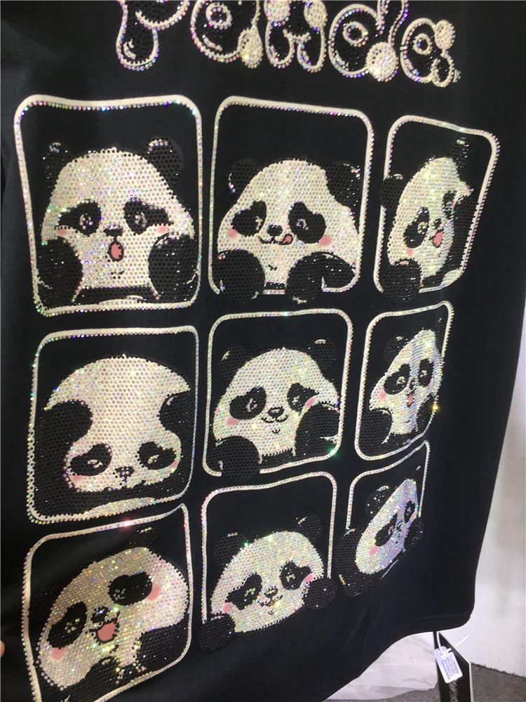 Luxury Shiny Cute Panda Hot Drilling Cotton T-shirt Women New Spring Summer O-neck Pullover Top Mid-long Short Sleeve Casual Tee