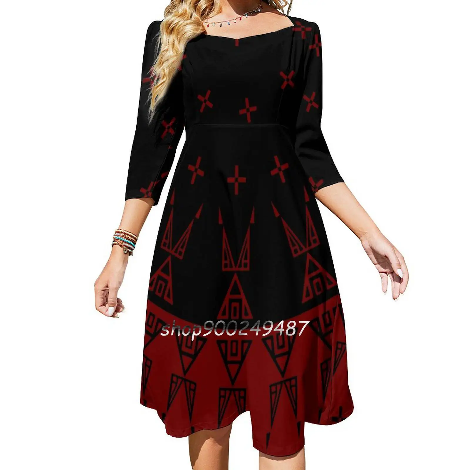 Night Stars ( / Black ) Sweetheart Knot Flared Dress Fashion Design Large Size Loose Dress Melvin War Eagle Culture Native Art