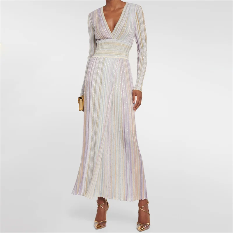 

Women's dress New elastic knitted slim long dresses for summer 2025 Metal yarn blended V-neck midi dresses striped party dresses