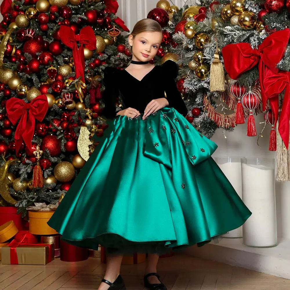Dreamy Vow J367 Lusso Arabo Verde Ragazza Abito di Cristallo Con Scollo A V Dubai Bambini Principessa Vacanza Compleanno Festa di Nozze Abito di Sfera 2025