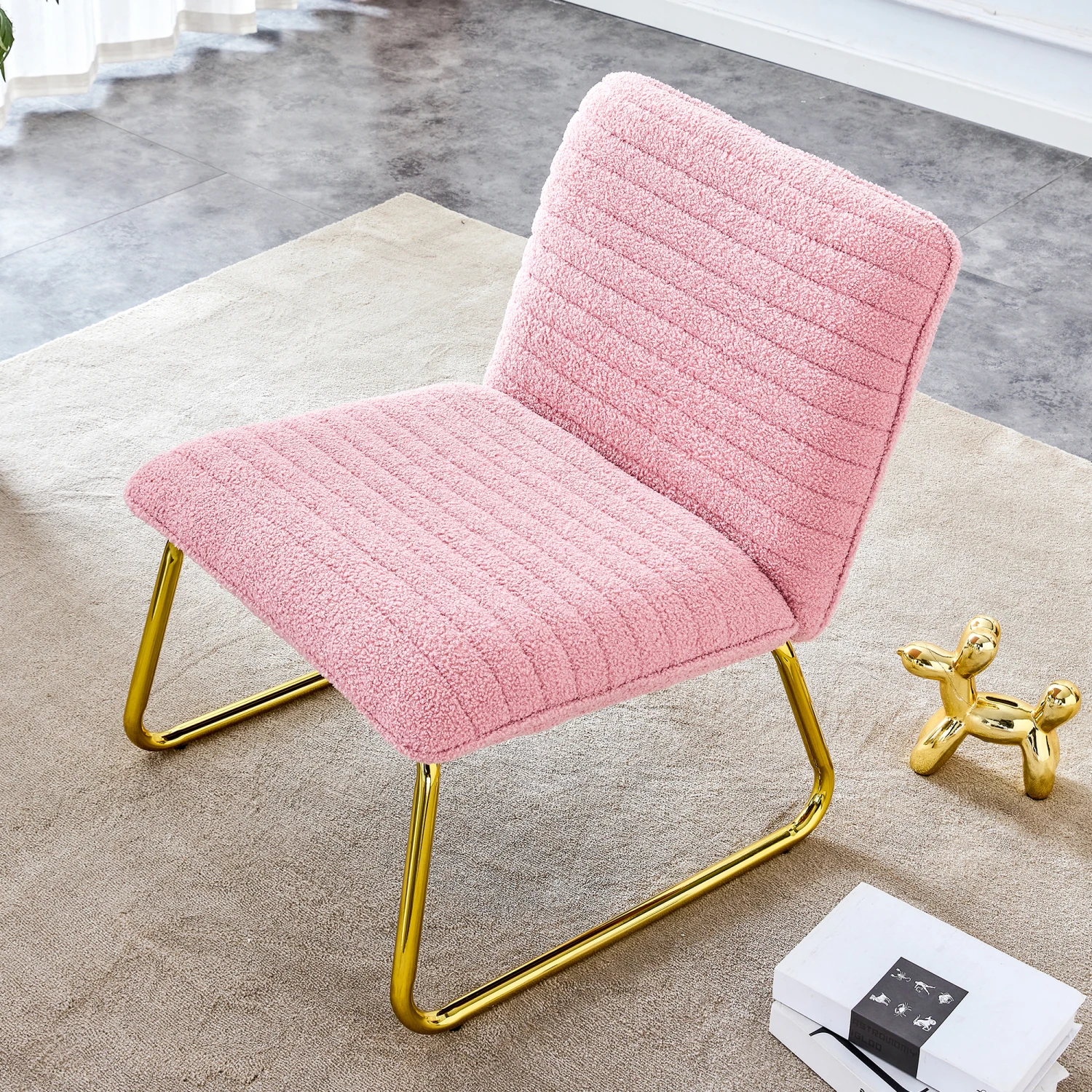 

Modern minimalist pink plush fabric single person sofa chair with golden metal legs. Suitable for living room, bedroom, club, co