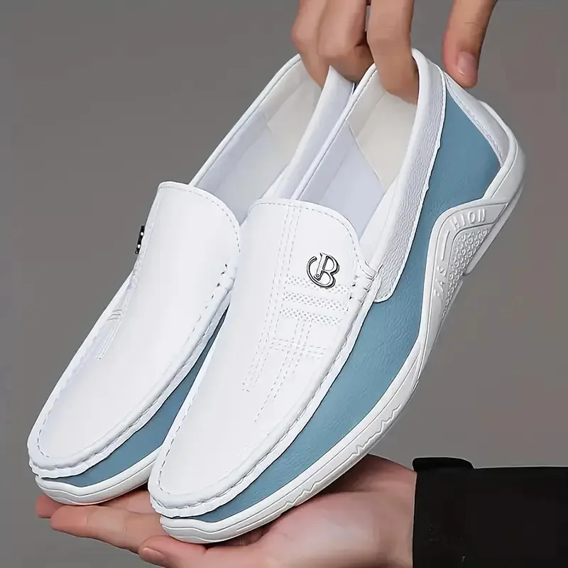 Men's Business Casual Slip-On Loafers White Blue Color Block Comfortable Driving Lightweight Daily Commute Friendly Shoes