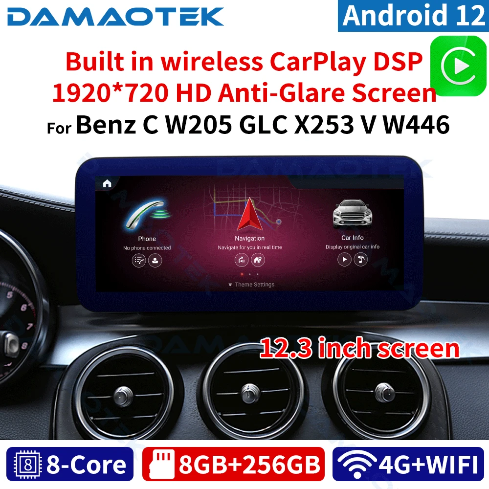 

DamaoTek Android 12 12.3” Auto Wireless Car Radio Multimedia Player For Mercedes Benz C W204 C180 C200 C220 2008 - 2010 CarPlay