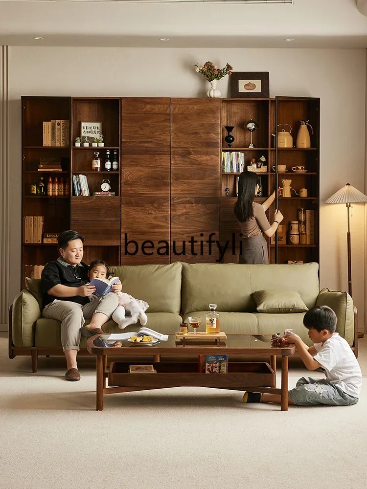 182Q Black walnut sofa solid wood retro living room leather sofa log straight row four people
