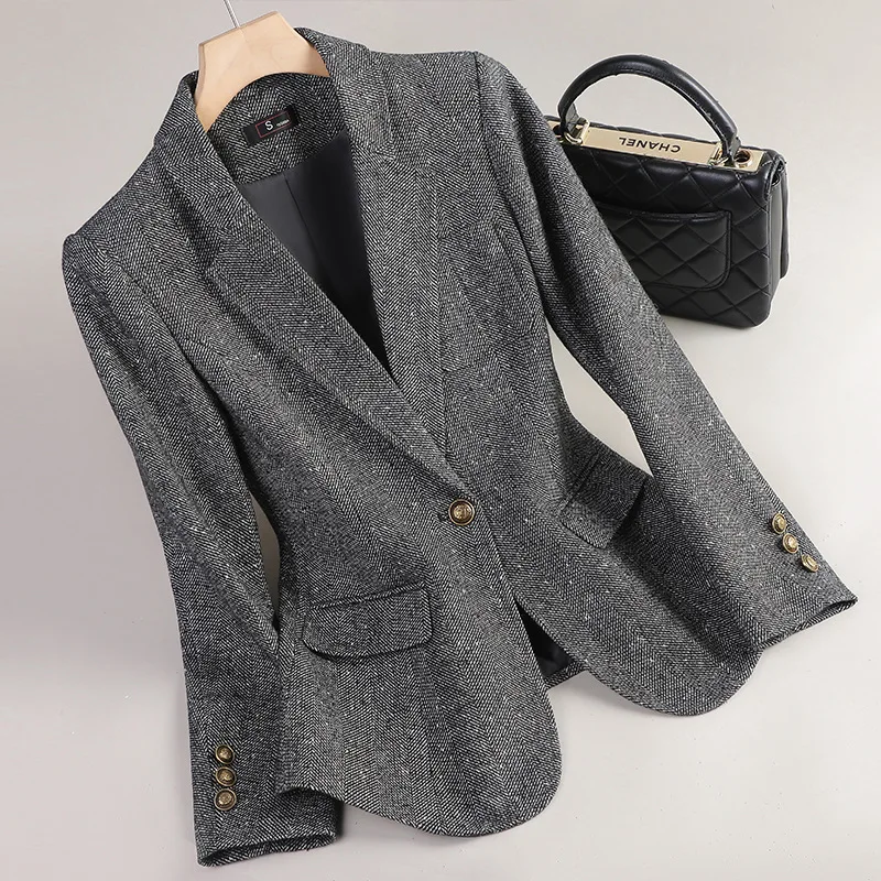 Wool Blazer Women Autumn Winter Jacket Fashion Short Suit Temperament Commuter Slim Formal Jacket Woolen Top Female Outerwear