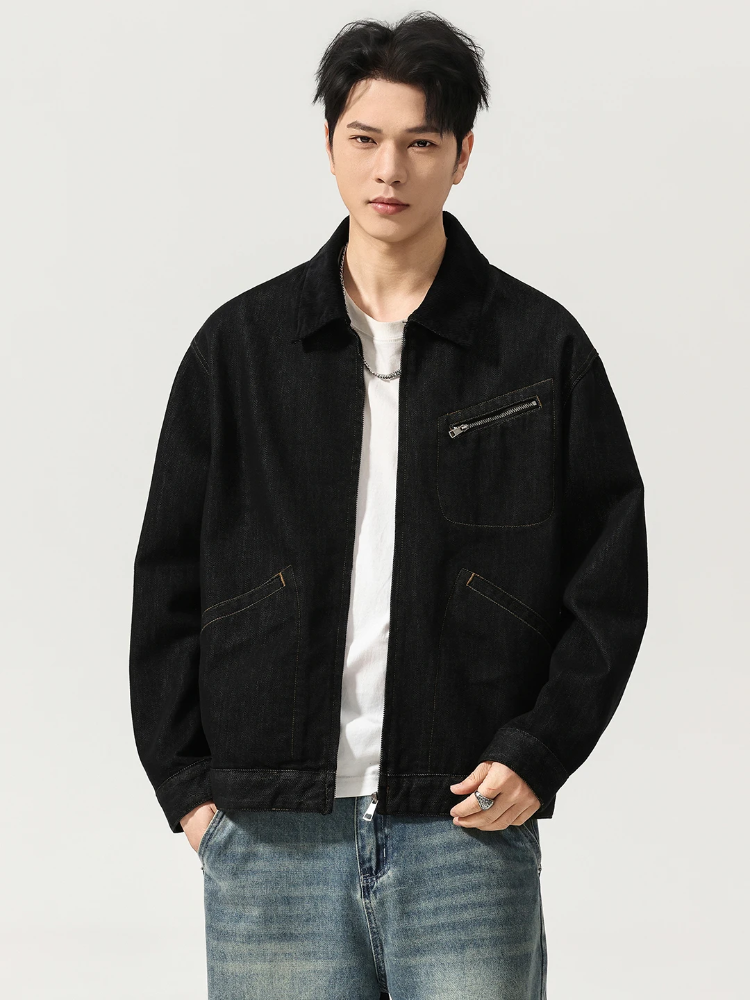 

Loose Fit Detroit Bla Denim Jaet Men's Spring 2026 Casual Workwear Sle Zipper Closure Long Sve Cotton Blend Jaet