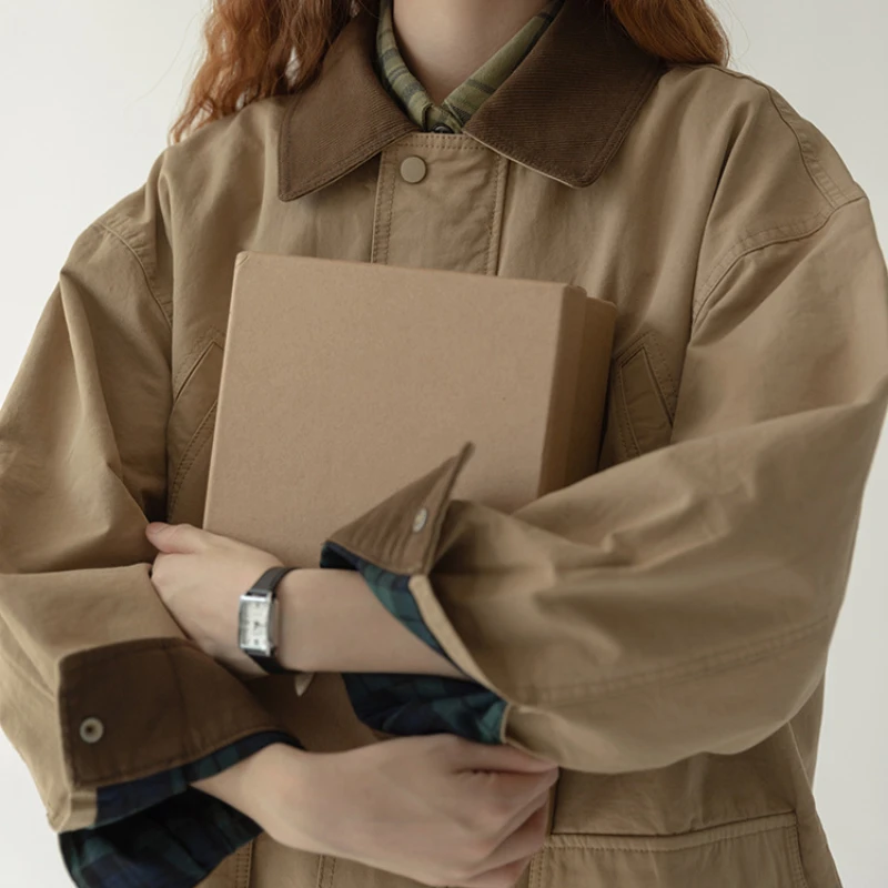 New Fashion Loose Cargo Coat Long Sleeves Khaki Colorant Match Polo Neck Female Senior Vintage Mid-length Tops Spring Autumn