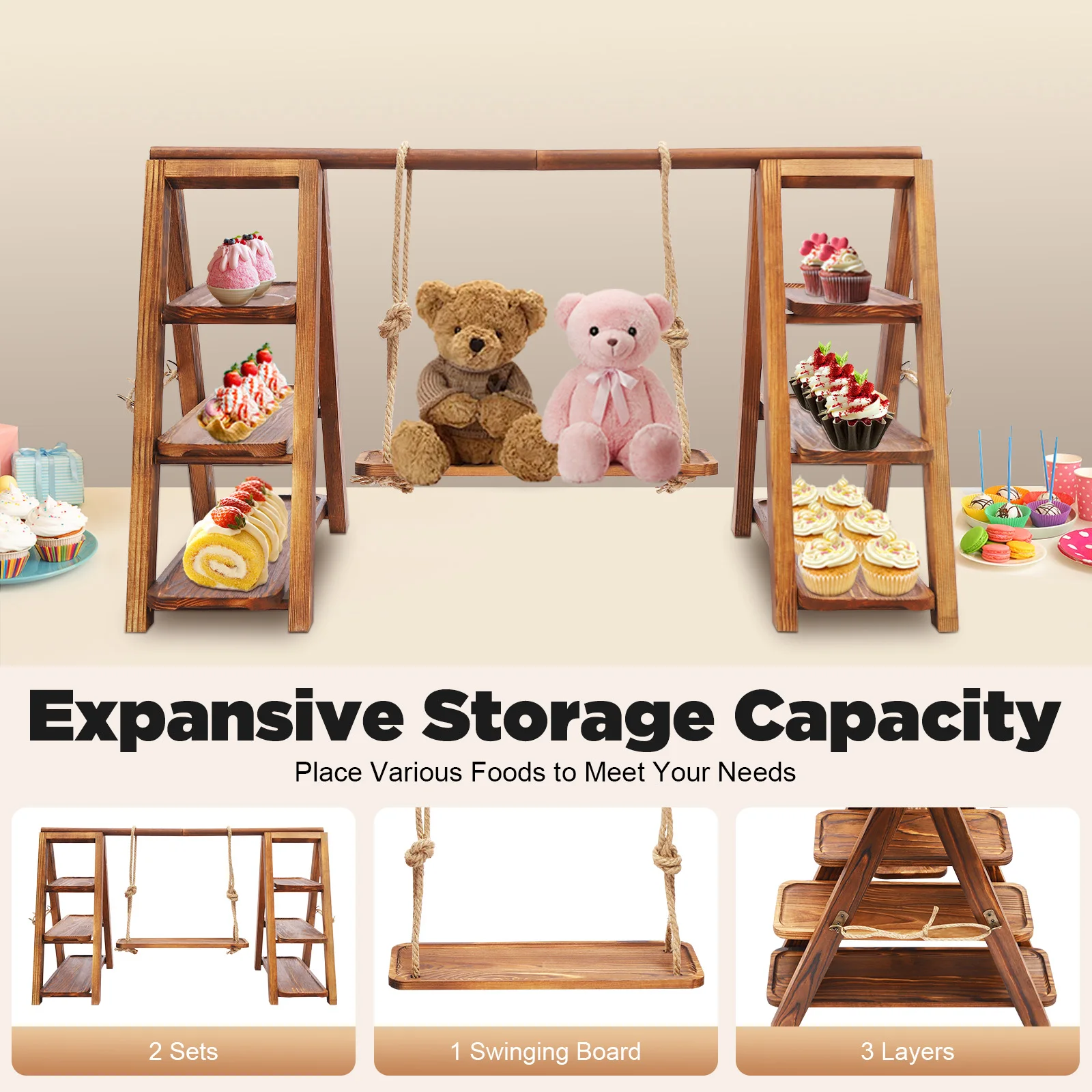 

BulkHarbor Wooden 3 Tier Cupcake Stand, Dessert Stands with Serving Tray and Foldable Stand for Party for Party, Birthday