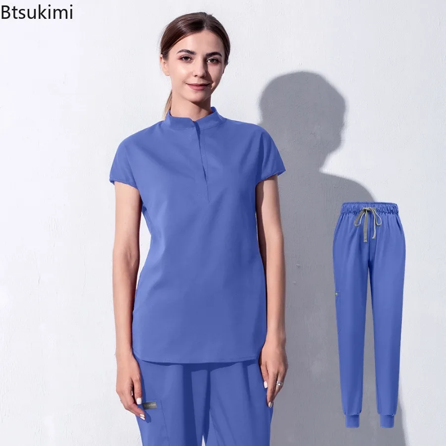 High Quality Denim Gray Scrubs Suits Tooth Check Workwear Spa Uniforms Beautician Scrub Work Suit Wholesale Scrubs Women Uniform view 6