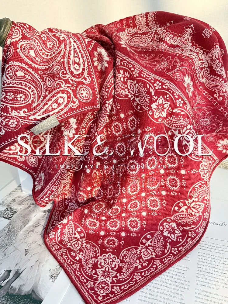 エレガントな赤いペイズリー柄のナッツシルクウールスカーフ、女性用秋冬ヴィンテージカシミヤスクエアショール、ファッショナブルなネックウォーマー
