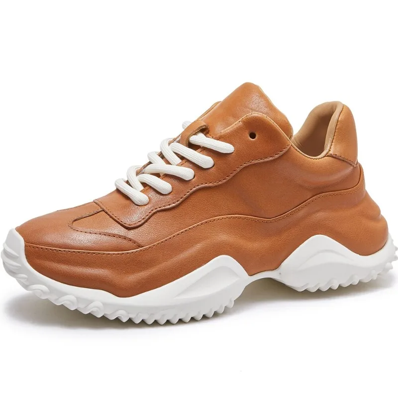 Japanese Horse Leather Daddy Shoes for Men's Spring/Autumn Height Increasing Casual Sports Shoes High-end Thick Sole White Shoes