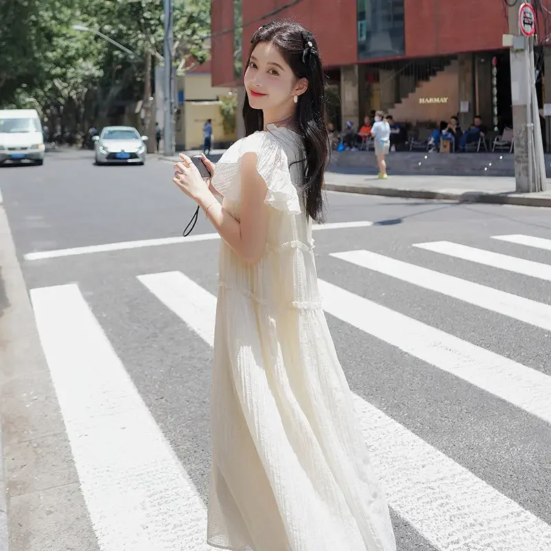 

Short Sleeve Round Neck Design Sense Long Skirt Summer Ladies Dress Sweet French Style Gentle Wood Ear Edge Forest Fairy Skirt