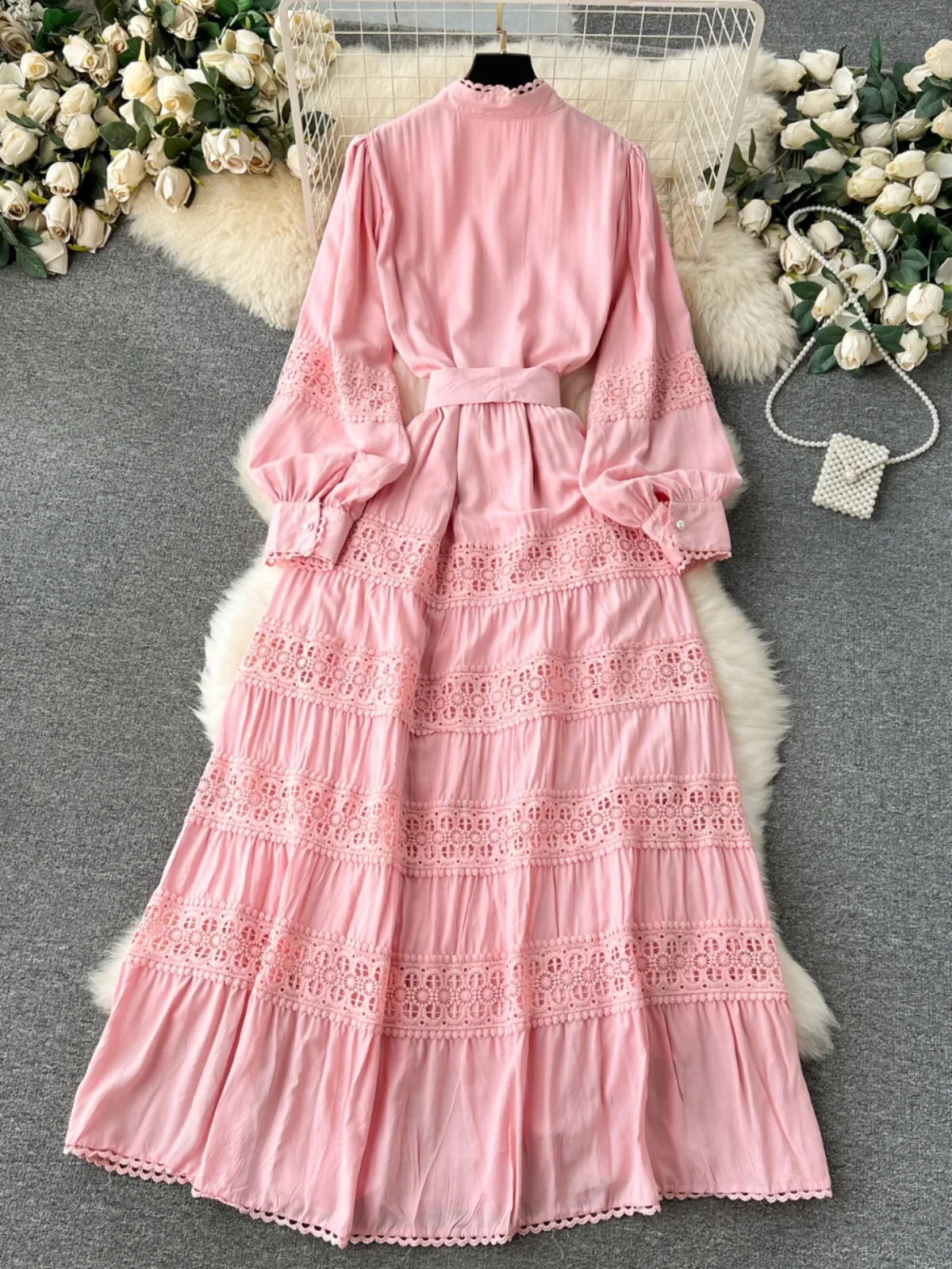 French Elegant Beach Dress Women Vintage Hollow Lace Patchwork Bubble Sleeve Long Dresses A-line Single Breasted Long Robe