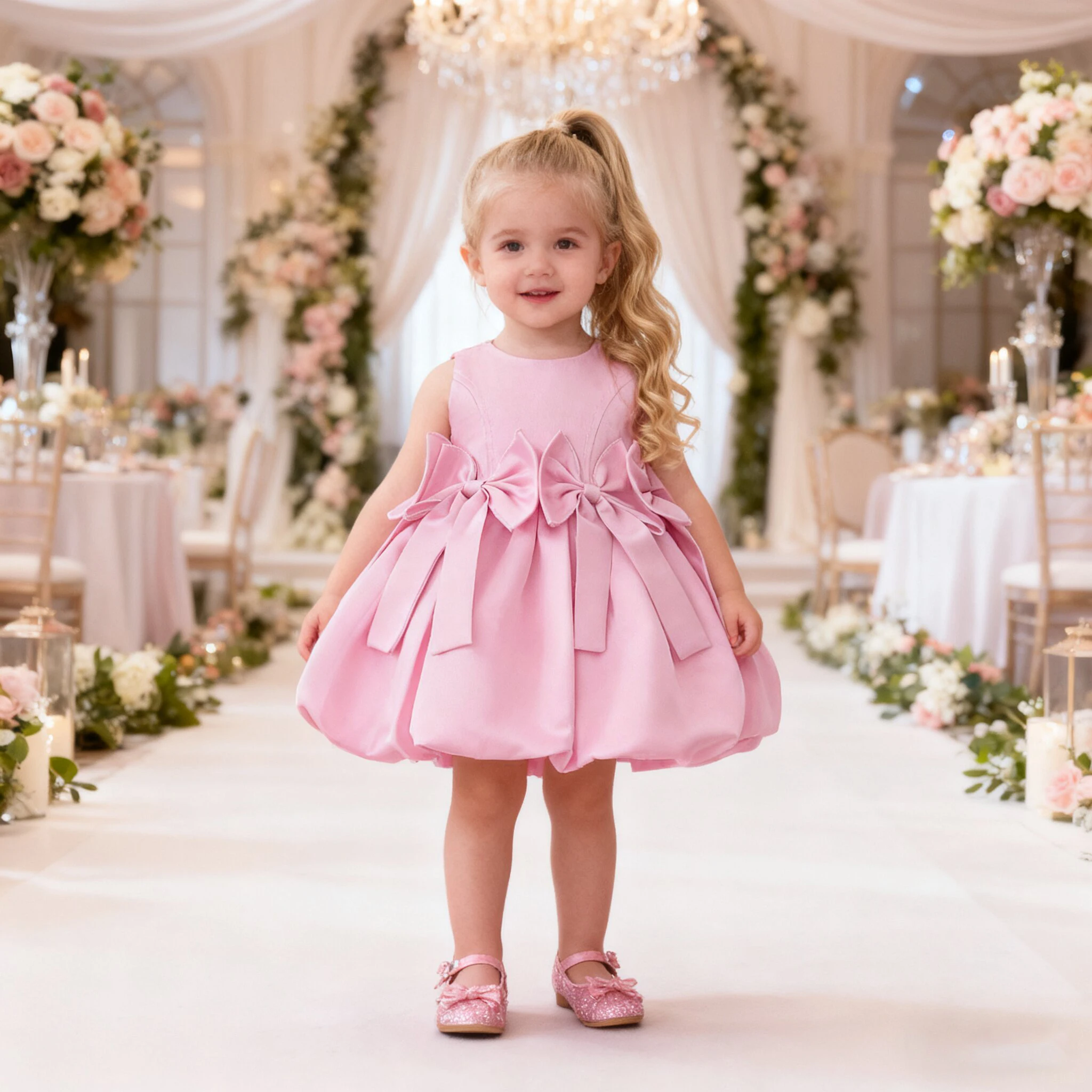 

Fashion Bow Pink Party Baby Girls Dress Elegant 1st Birthday Wedding Tutu Prom Dress for Kids Gala Baptism Bridesmaids Prom Gown