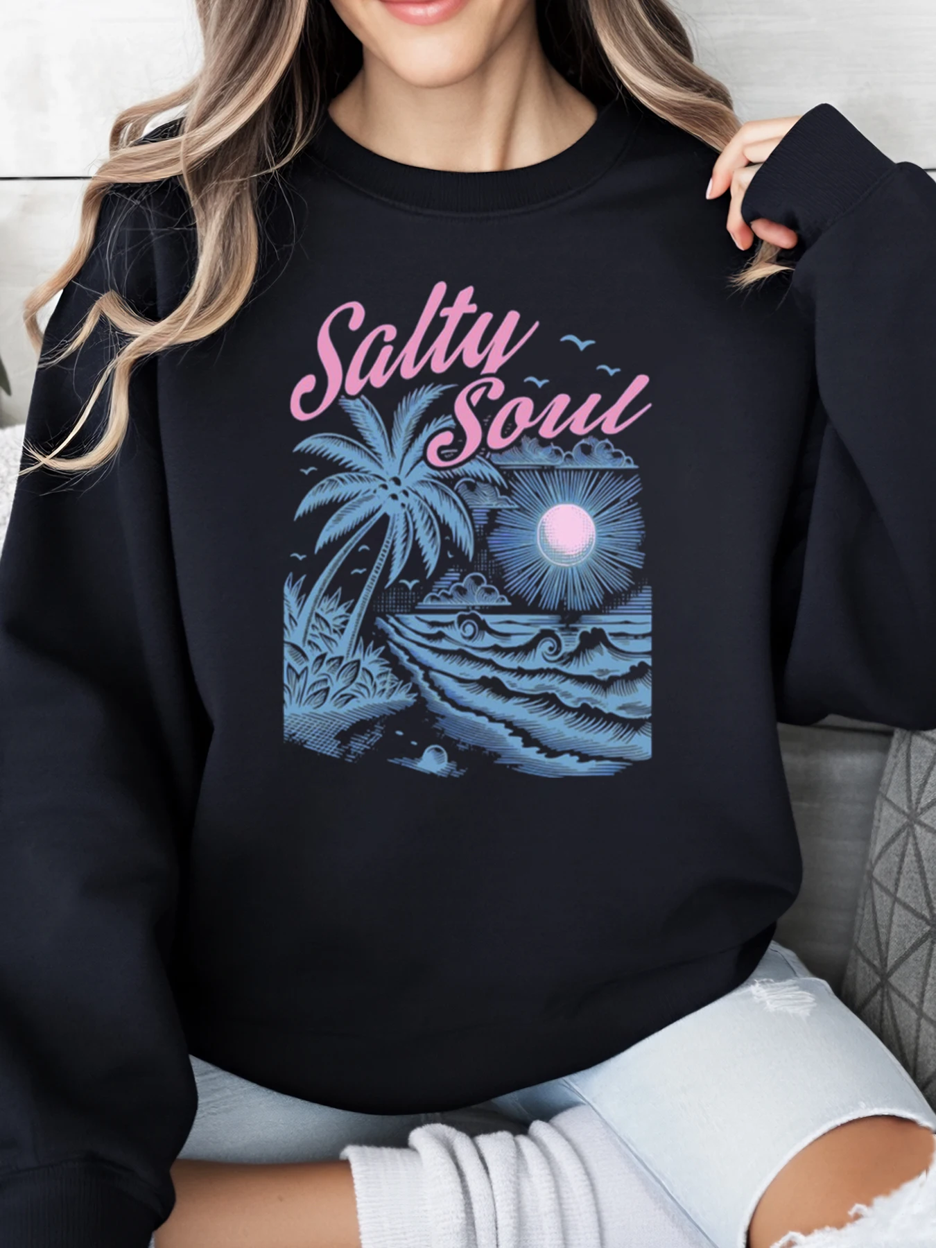 Salty Soul Palm Tree Sunset Print Sweatshirt Sommer Strand Damen Freizeitkleidung Schwarz Plus-Size