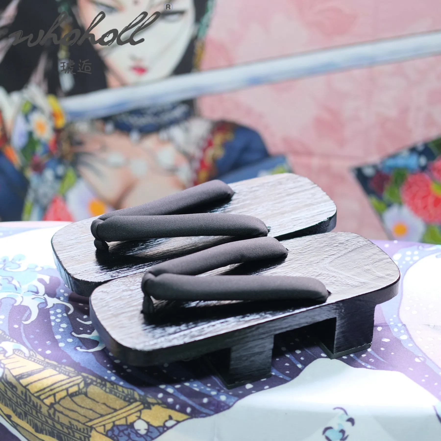 Black Paint Two-teeth Geta Flip Flops Man Women Slippers Japanese Anime Coplay Costumes Thick Platform Wood Clogs Shoes